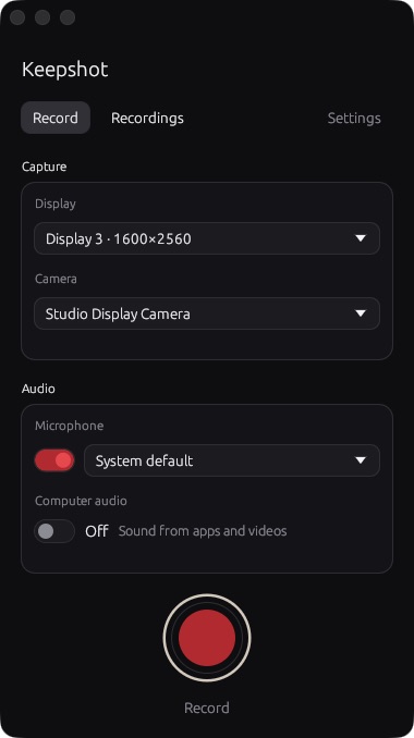Keepshot’s Record panel on macOS, with screen, camera and audio controls above the red Record button.